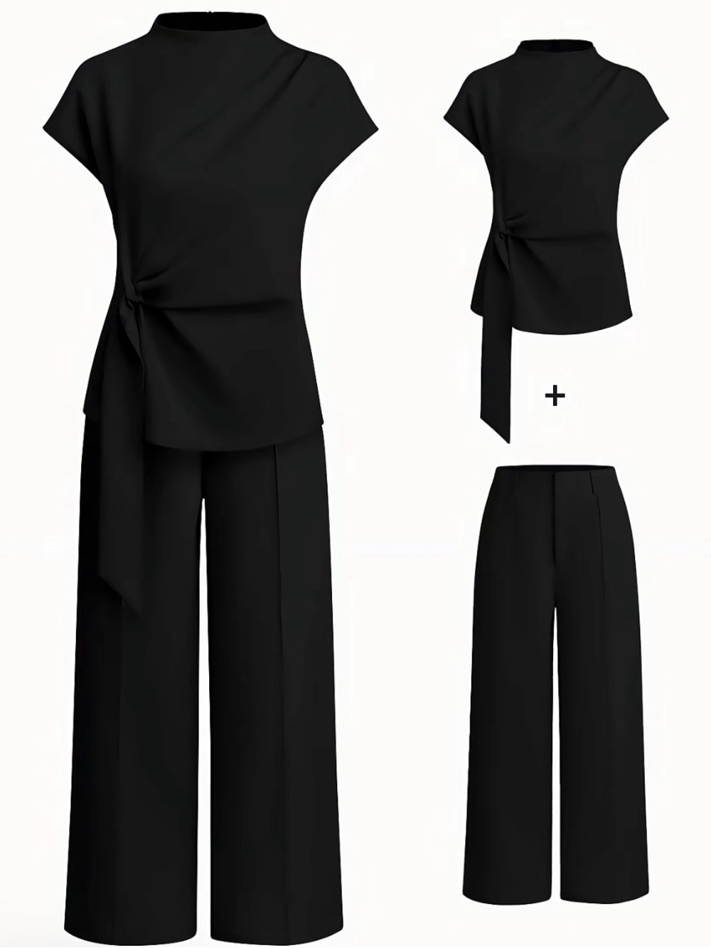 Chic Black Tie-Waist Wide-Leg Two-Piece Set